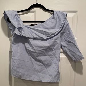 Atmosphere Blue & White Stripe Off The Shoulder Ruffle Collar Blouse